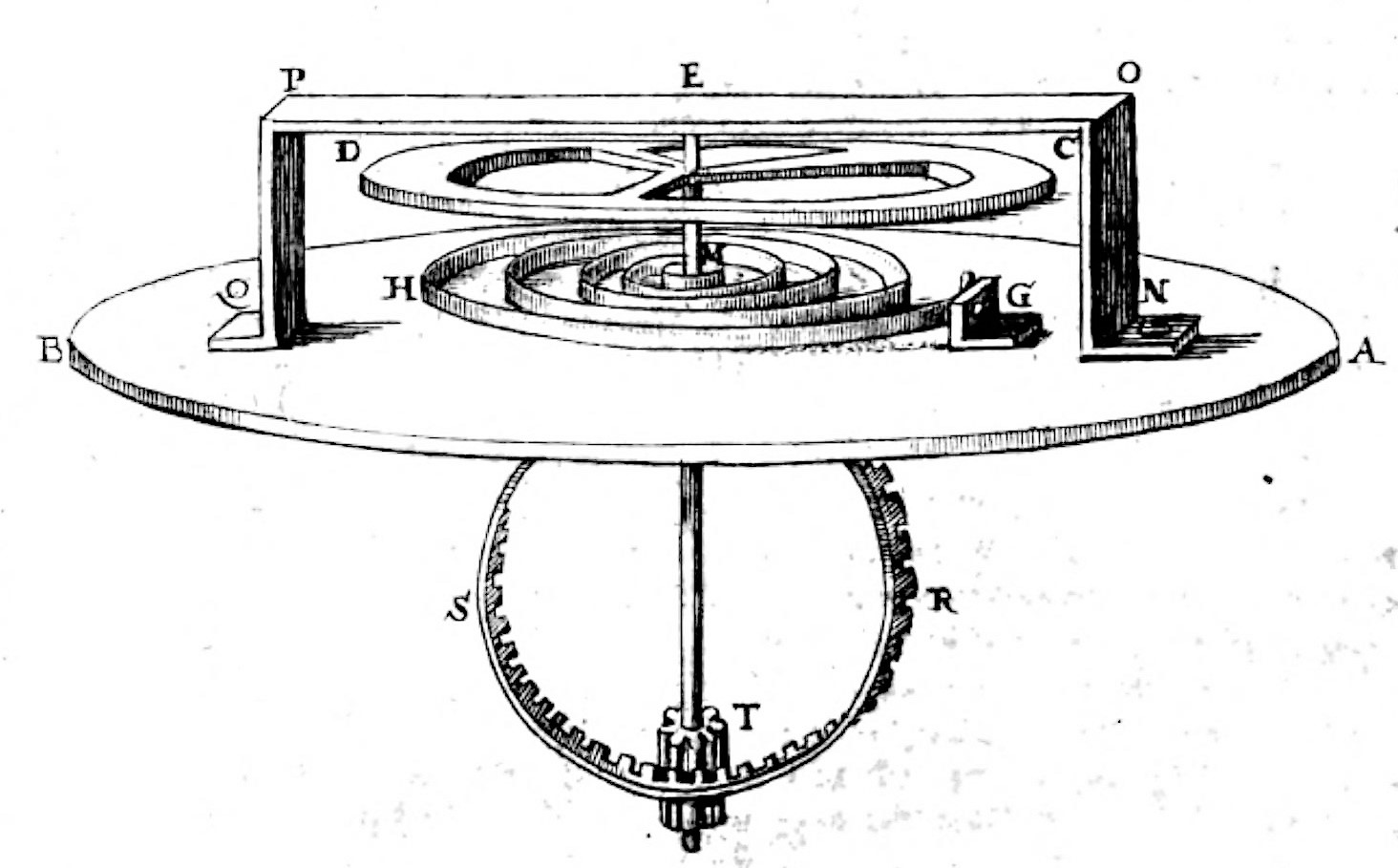 Engraving of an early spiral balance spring fitted to a balance wheel