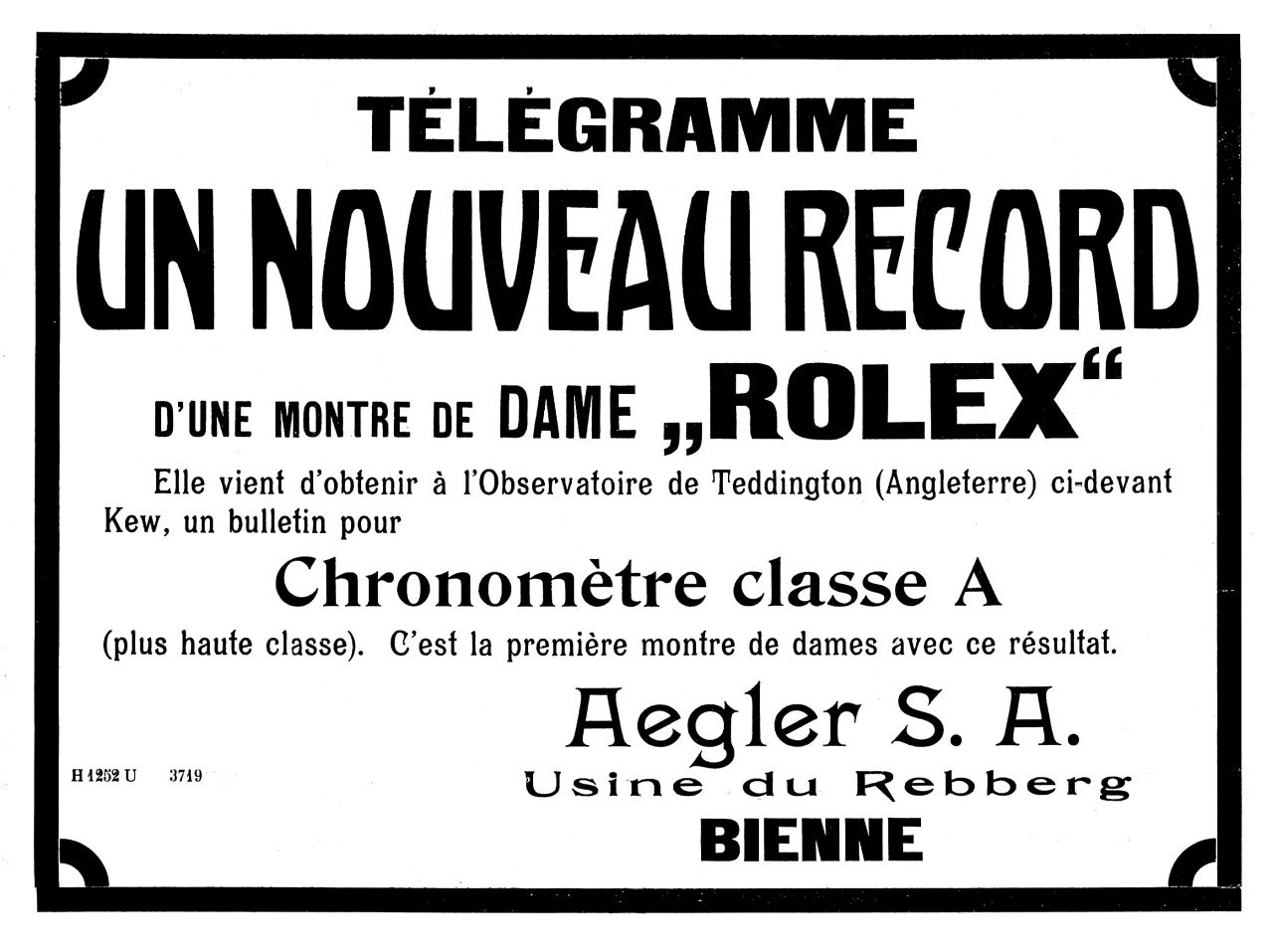 A 1914 Aegler advertisement announcing a Kew Class A certificate for a Rolex ladies&rsquo; watch