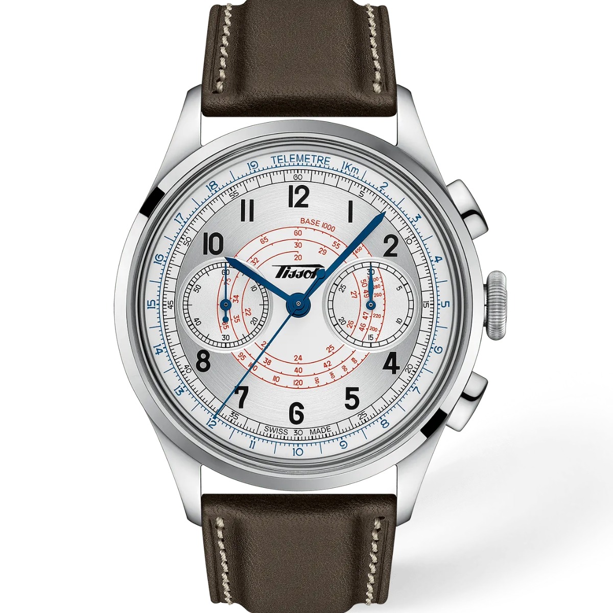 Tissot Telemeter 1938, white dial with two sub-dials and telemeter scale, brown leather strap