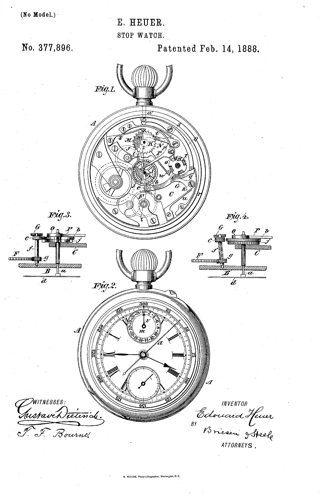 Drawing sheet of Heuer’s US patent 377,896, Stop Watch, patented 14 February 1888: Fig. 1 the movement from the back, Fig. 2 the dial side, Fig. 3 and 4 the oscillating pinion engaged and disengaged