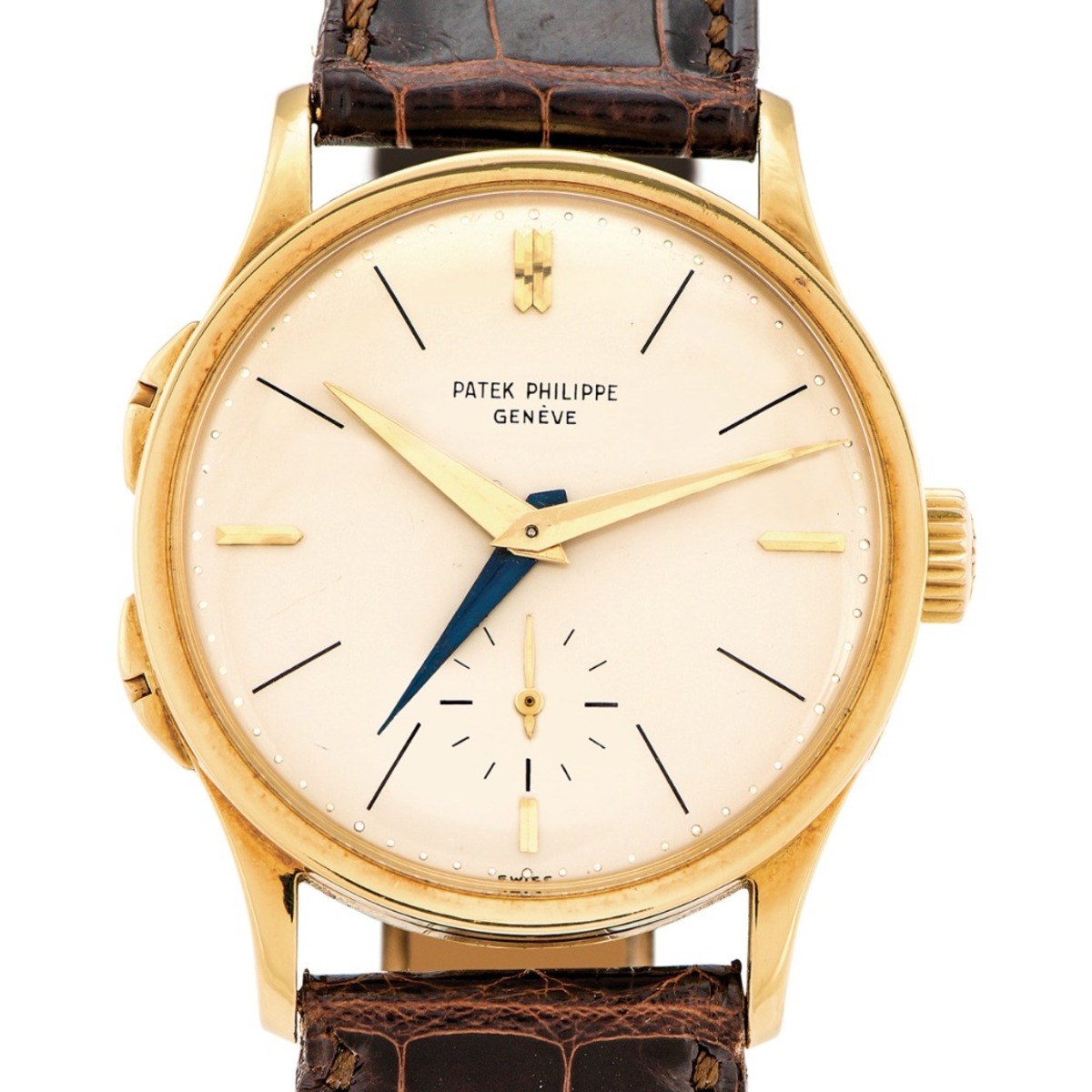Patek Philippe 2597 with a gold local hour hand, a blued home hour hand and two pushers in the left side of the case