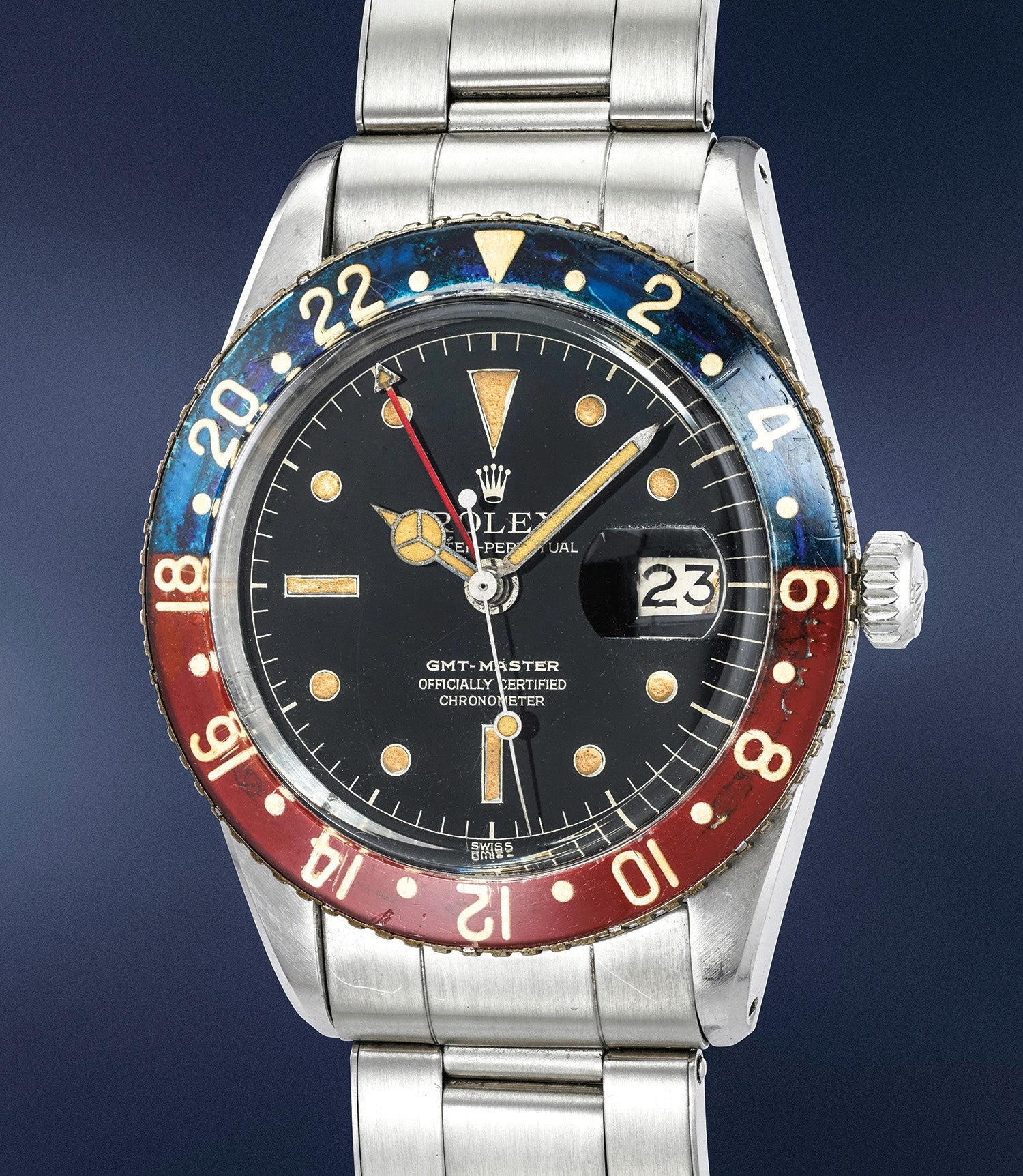 Rolex GMT-Master reference 6542 of about 1955: steel case, black dial, red 24-hour hand and a blue-and-red Bakelite bezel