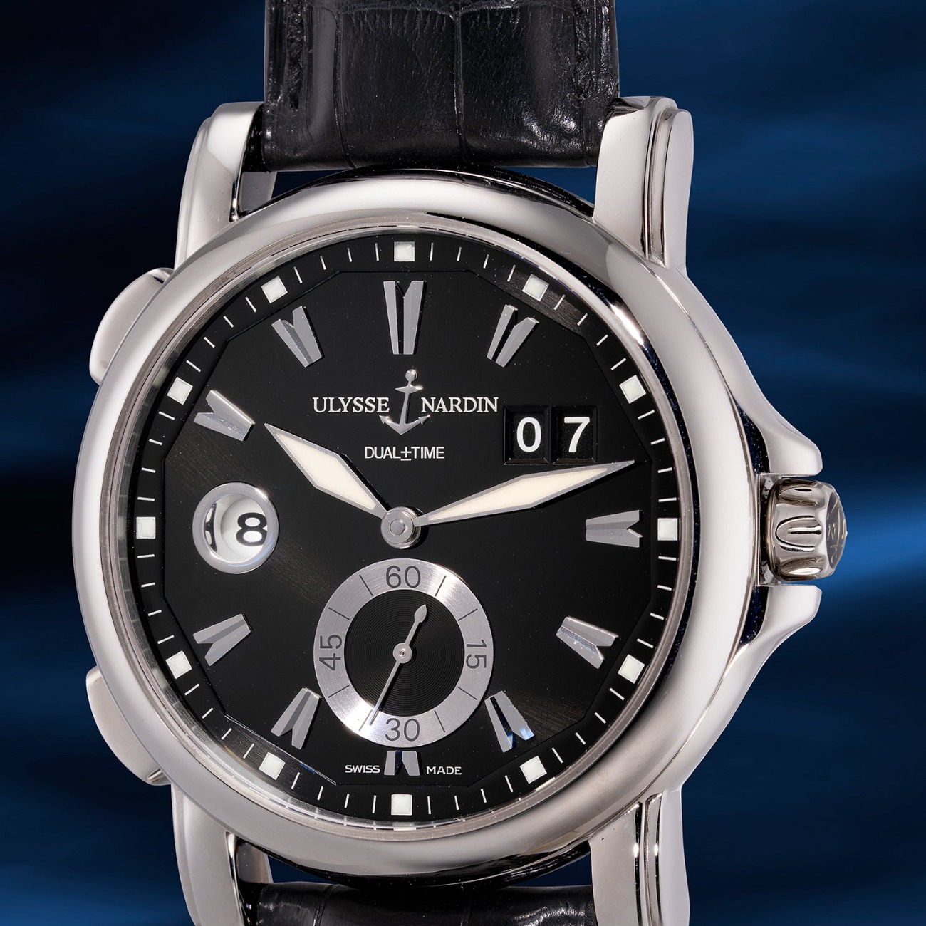 Ulysse Nardin Dual Time 243-55 with home time in a window at nine