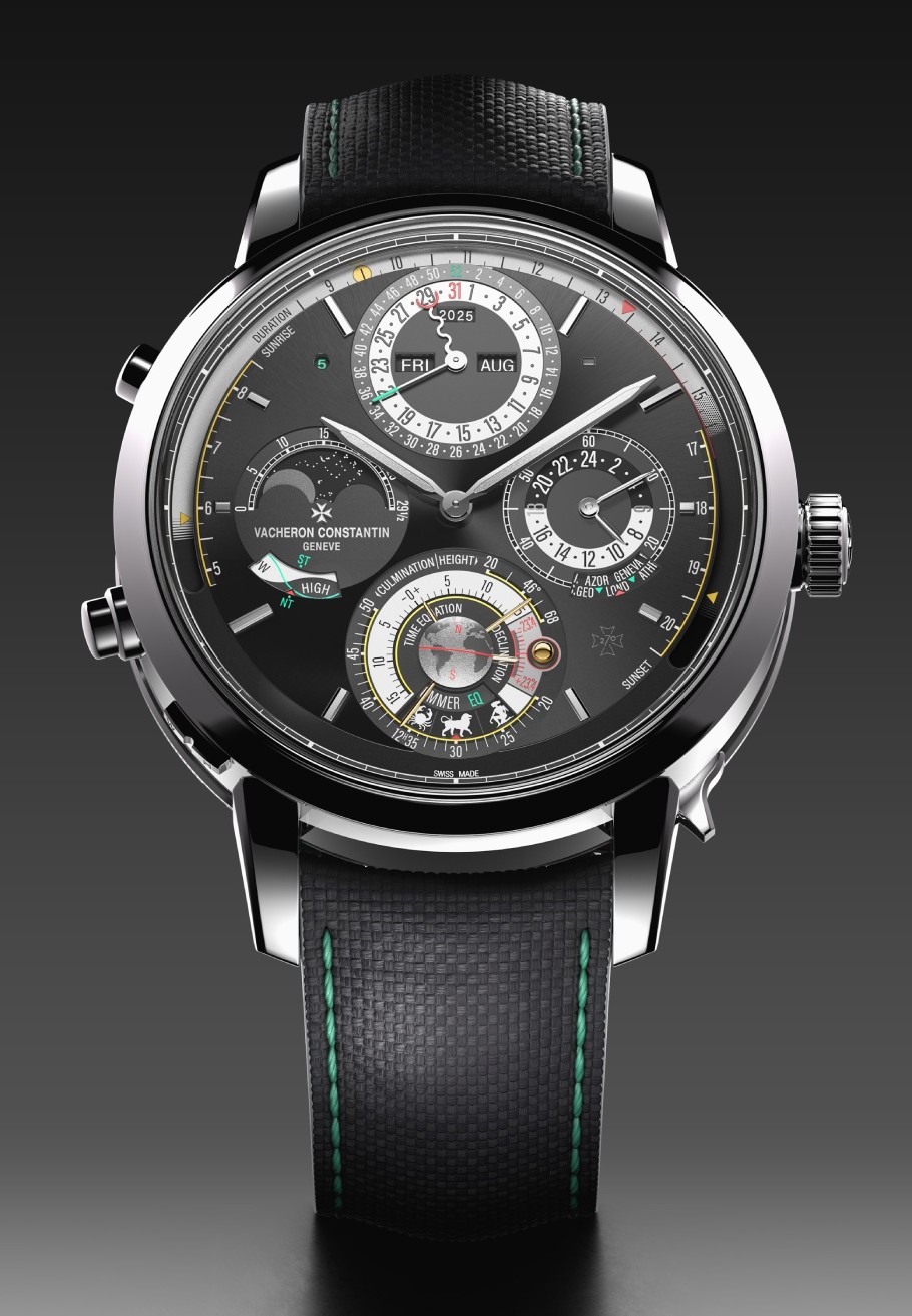 Vacheron Constantin Solaria Ultra Grand Complication seen from the front, black dial, black strap with green stitching