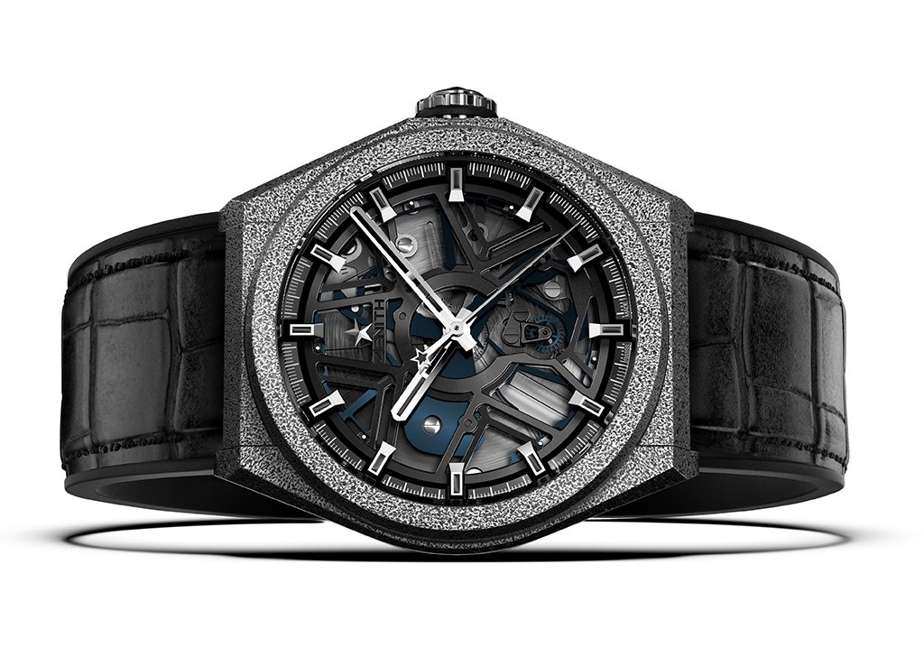 The Zenith Defy Lab of 2017, an openworked watch in an Aeronith case on a black strap